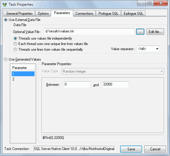 DTM DB Stress: Parameters tab of the Task Properties Window